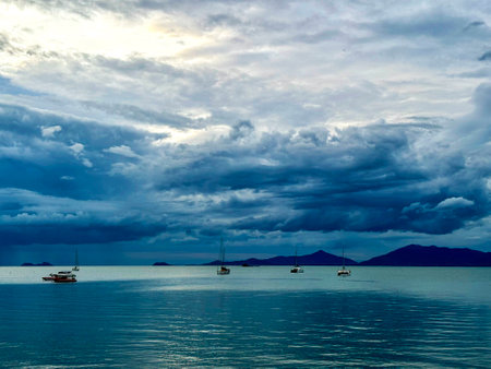 Sailboats in the sea under the stormy sky, Bophut Beach, Koh Samui, Thailandの写真素材