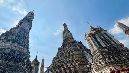 Pagoda at Temple of Dawn (Wat Arun) in Bangkok, Thailand â Iconic Riverside Buddhist Temple with Ornate Architectureの写真素材
