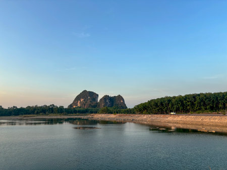 Landscape view of Talay Prong Lake at Dusk in the Countryside of Nakhon Si Thammarat, Thailandの写真素材
