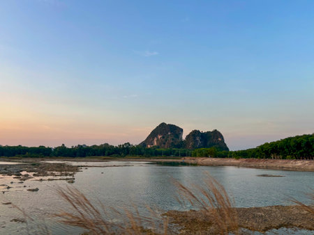 Landscape of Talay Prong Lake at Dusk in the Countryside of Nakhon Si Thammarat, Thailandの写真素材