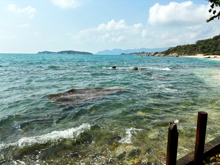 Beautiful sea landscape with blue sky and white clouds on the background, Hanuman Bay, Koh Samui, Thailandの写真素材