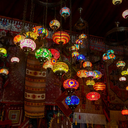 Beautiful chandelier in the interior of a coffee shop.