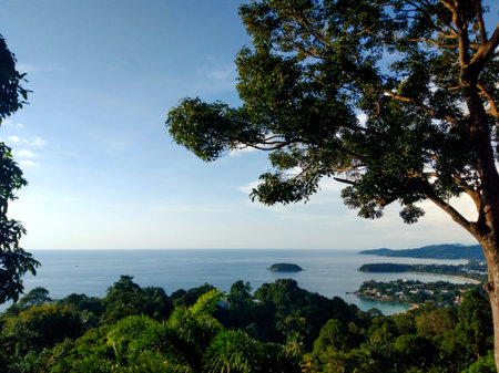View of the sea and the island from Karon Viewpoint in Phuket, Thailandの写真素材