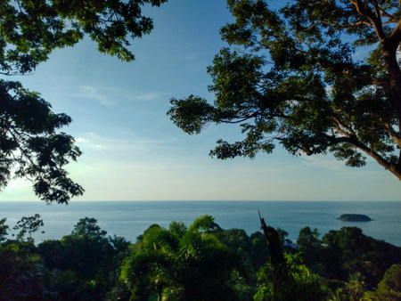 View of the sea from the top of the mountain, Karon Viewpoint in Phuket, Thailandの写真素材