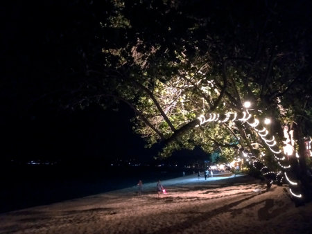 Lights on the beach at night in Thailandの写真素材