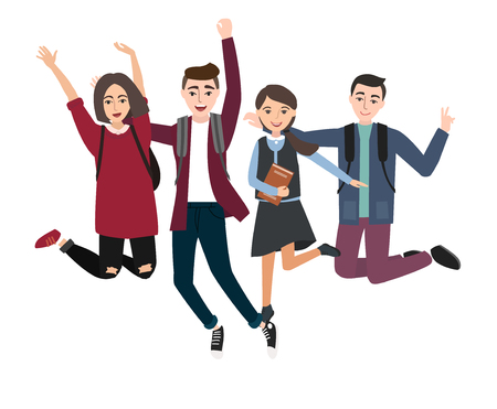 Young Jumping student group. Vector illustration of a flat design. stylish girls and boys. Hipster students. Trendy youth. Friendsのイラスト素材