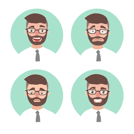 Set of young hipster man emotions. office worker portrait emotions avatars. Illustration businessman showing different facial expressions emotions cartoon vector. Variety of emotions.のイラスト素材
