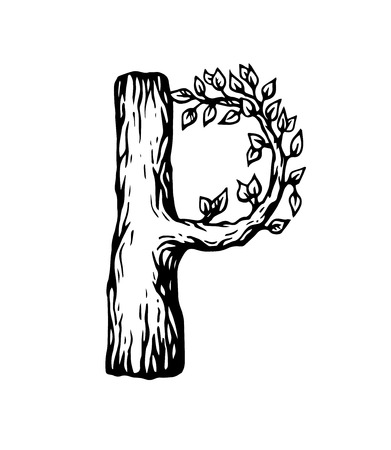 Black engraving Letter P made of wood with leaves vector illustrationのイラスト素材