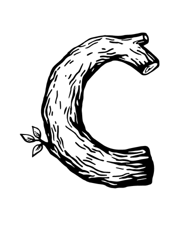 Black engraving Letter C made of wood with leavesのイラスト素材