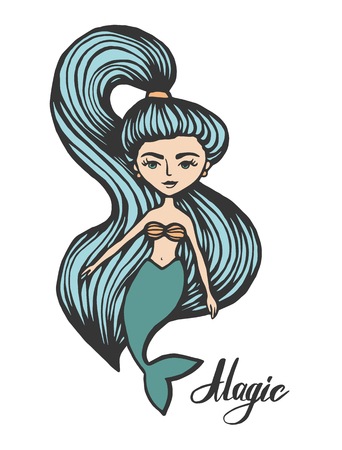 Mermaid with long hair. Hand-Drawn summer Doodle. Vector Illustration cartoon character. For t shirt printing and embroidery.のイラスト素材