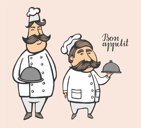 Hand drawn illustration of chief-cooker with a mustache in a white dress with a dish.のイラスト素材