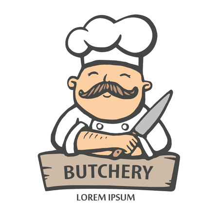 Hand drawn illustration of chief-cooker with a mustache and knife in a white dress.のイラスト素材