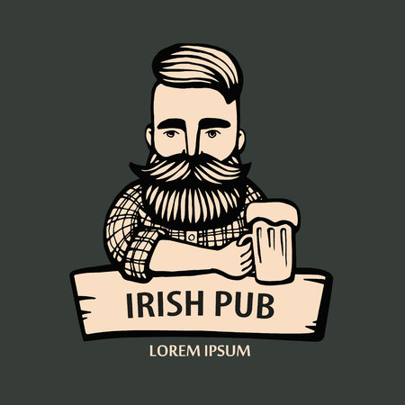 Hand-drawn hipster dude with mustache, beard with beer. Man with glass of alcohol.のイラスト素材