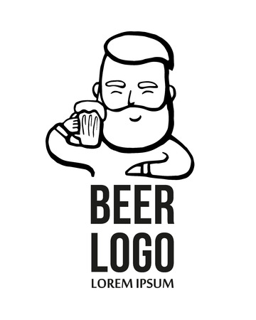 Hand-drawn hipster dude with mustache, beard with beer. Man with glass of alcohol.のイラスト素材