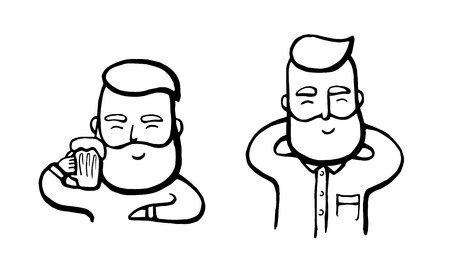 Hand-drawn hipster dude with mustache and beard relaxing. Happy smiling Men with beer. Vector illustration. Stickers ogo Emblemのイラスト素材