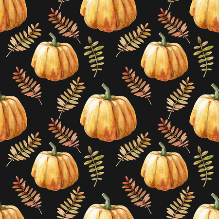 Watercolor seamless pattern with pumpkin on the black background.の写真素材