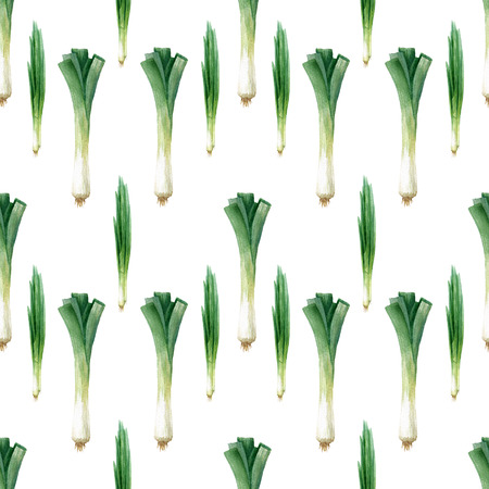 Watercolor seamless pattern with leek on the white background. Watercolor vegetables. Template for card, wallpaper, poster, banner, menuの写真素材