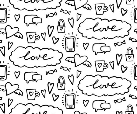 seamless pattern on romantic theme. Vector illustration. doodle Wedding pattern Valentine heartsのイラスト素材