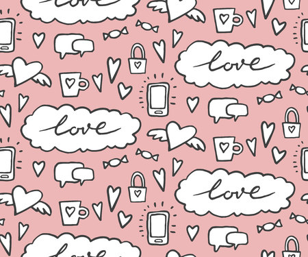 seamless pattern on romantic theme. Vector illustration. doodle Wedding pattern Valentine heartsのイラスト素材