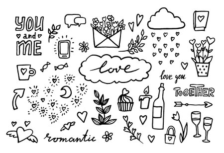 hand drawn romantic set of design elements. Vector illustration. doodle Wedding collection Valentine heartsのイラスト素材