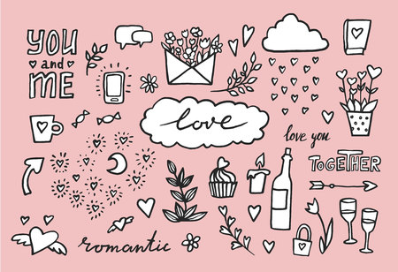 hand drawn romantic set of design elements. Vector illustration. doodle Wedding collection Valentine heartsのイラスト素材
