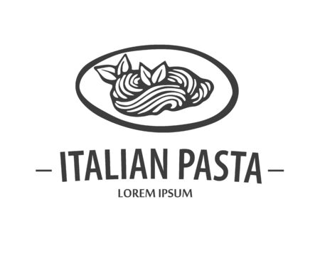 Pasta logo. Hand drawn vector illustration of plate with spaghetti. Stock vector Italian logo.のイラスト素材
