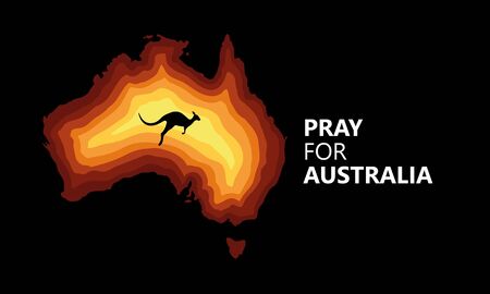 Australia fire. Social poster about climte cataclysm. Kangaroo runs from the fire on a background of the map of Australia. Vector stock illustration.のイラスト素材