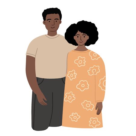 African american husband and wife family. Couple standing together and cuddling. Man and woman are hugging. Flat cartoon characters isolated on white background. Colored vector stock illustration.のイラスト素材