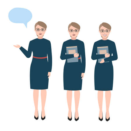 Set of woman in dark blue dress. Fashion modern teacher, manager, worker. Vector illustration of a flat design. stylish lady.のイラスト素材