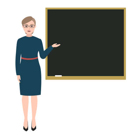 Set of woman in dark blue dress giving a lecture or presentation. Standing in front of blackboard. Fashion modern teacher, manager, worker. Vector illustration of a flat design. stylish lady.のイラスト素材