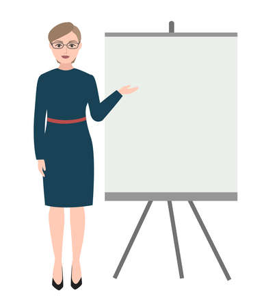 Set of woman in dark blue dress giving a lecture or presentation. Standing in front of whiteboard. Fashion modern teacher, manager, worker. Vector illustration of a flat design. stylish lady.のイラスト素材