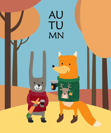 Friends rabbit and fox in sweaters with cups of coffee and landscape autumn forest. Vector isolated illustration of a flat.のイラスト素材