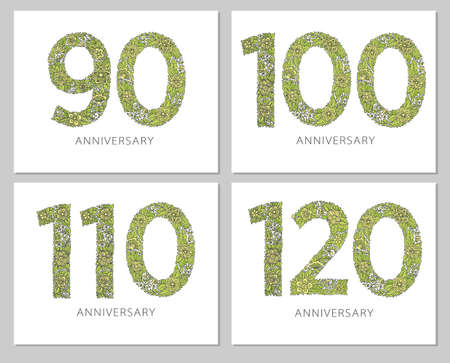 Flowers numbers cards set. Anniversary invitations. Creative vector illustration numbers 90, 100, 110, 120 design with leaves and flowers on white background.のイラスト素材
