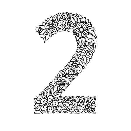 Floral number 2 made of leaves and flowers on white background. Typographic element for design. Hand drawn Vector isolated illustration on white backgroundのイラスト素材