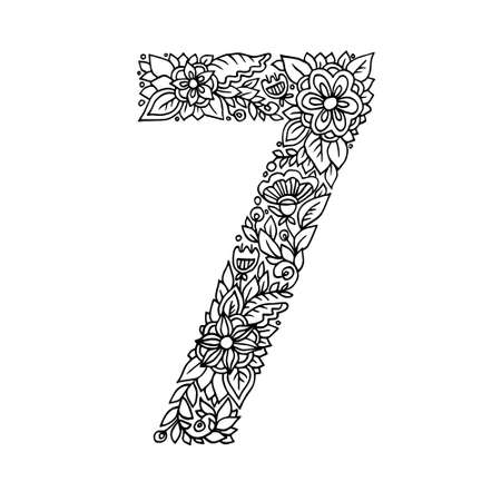 Floral number 7 made of leaves and flowers on white background. Typographic element for design. Hand drawn Vector isolated illustration on white backgroundのイラスト素材