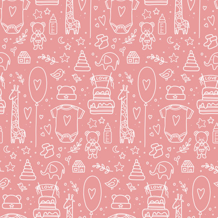 hand drawn baby seamless pattern. Vector illustration. doodle baby pattern isolated. Kid birthday pattern with balloons, flags, toys, bottle, cake, twigs, hearts, clothes,のイラスト素材