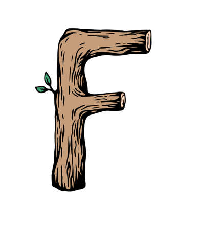 Colored engraving Letter F made of wood with leaves on the white backgroundのイラスト素材