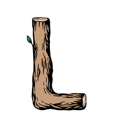 Colored engraving Letter L made of wood with leaves on the white backgroundのイラスト素材