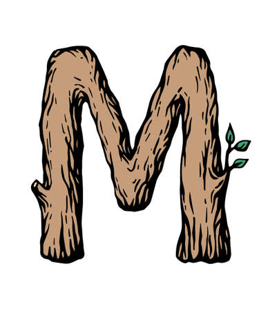 Colored engraving Letter M made of wood with leaves on the white backgroundのイラスト素材