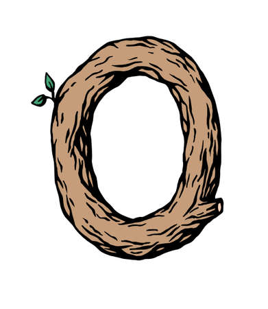 Colored engraving Letter O made of wood with leaves on the white backgroundのイラスト素材