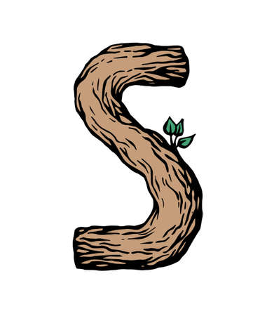 Colored engraving Letter S made of wood with leaves on the white backgroundのイラスト素材