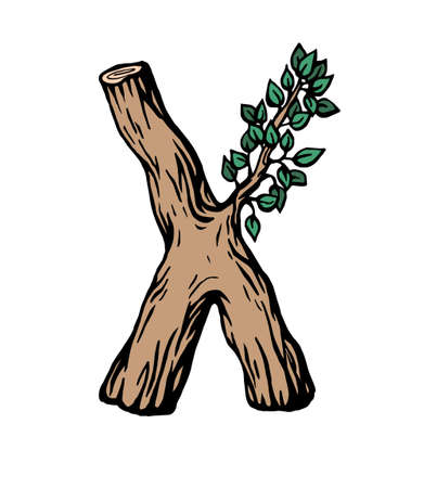 Colored engraving Letter X made of wood with leaves on the white backgroundのイラスト素材