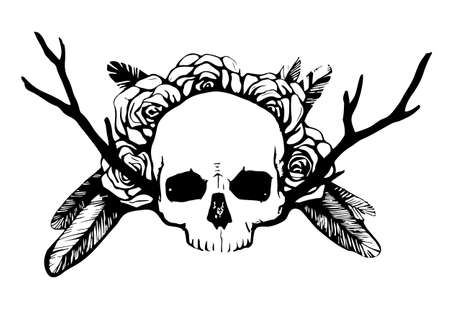 Vector hand drawn illustration. Artwork with skull, flowers, wings. Alchemy, religion, spirituality, occultism, tattoo art. Template for postcard, banner, poster, print for t-shirtのイラスト素材