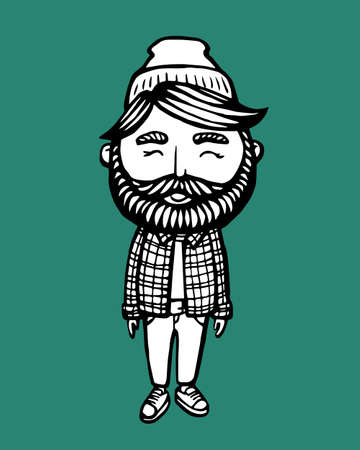 smiling Hipster with beard. Hand-Drawn Doodle. Vector Illustration - stock vector. Hand drawn cartoon character. Bearded man logoのイラスト素材