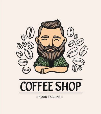 Coffe shop logo. Hand-drawn hipster man with mustache, beard with coffee beans on white background. Barista Vector logo. Line cafe Emblem.のイラスト素材