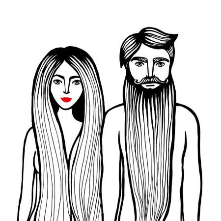 Nude Couple. Couple of lovers. Hand draw vector illustration of naked man with long beard and women with long hair and red lips. Adam and Eve hipsters.のイラスト素材