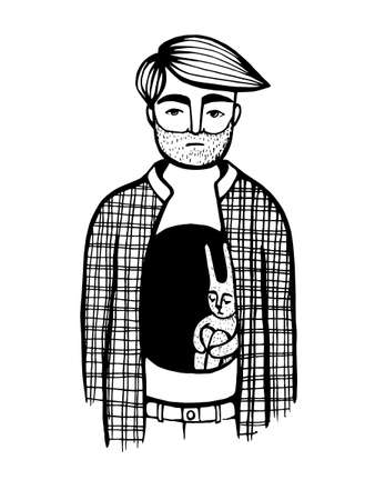 Hand drawn vector illustration of With a hole in his chest and a sad bunny inside. The symbol of isolation, loneliness and problemsのイラスト素材