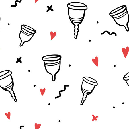 hand-drawn menstrual cup seamless pattern. Vector line illustration. Period pattern isolated. Zero-waste pattern with cups, hearts, clothes, crosses.のイラスト素材