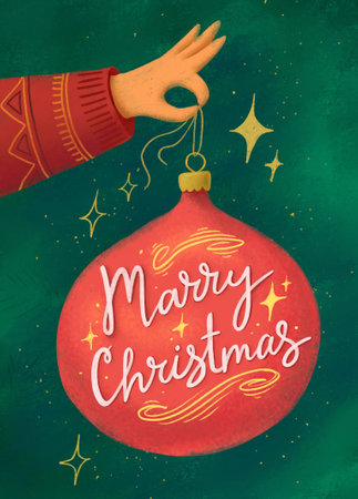 Illustration with hand hold christmas ball with Hand-drawn lettering Merry Christmas on a green background. Festive template for your design.の写真素材