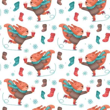 Christmas seamless pattern with a squirrel on skates with a gift in sweater, hat, and scarf, festive elements. Illustrations for holiday designs. New Years mood.の写真素材